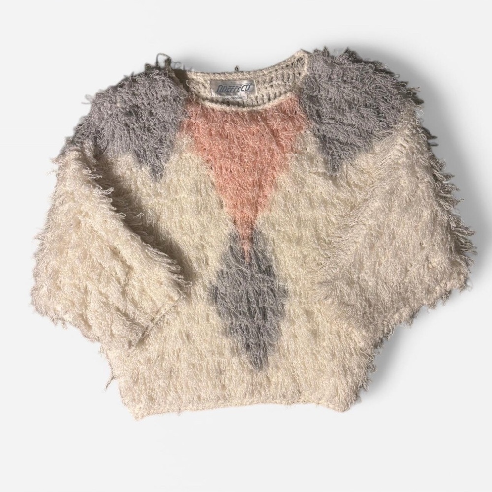 Vintage 90s Sideffects Handmade Crochet White and Pink Shaggy Sweater
